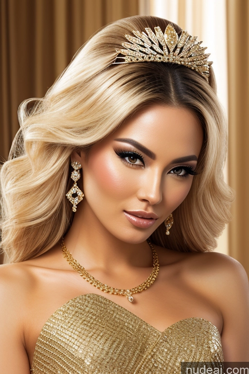 ai nude image of a close up of a woman wearing a gold dress and a tiable pics of Miss Universe Model Diamond Jewelry Gold Jewelry Transparent Blonde Geisha