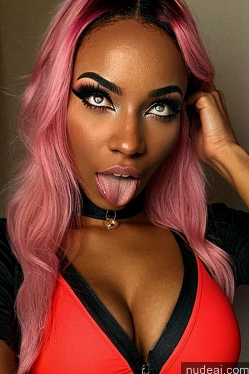 ai nude image of a close up of a woman with pink hair and a black top pics of One Woman Huge Boobs Busty 18 Ahegao Pink Hair Bangs African Cave Front View Blowjob Nude 80s