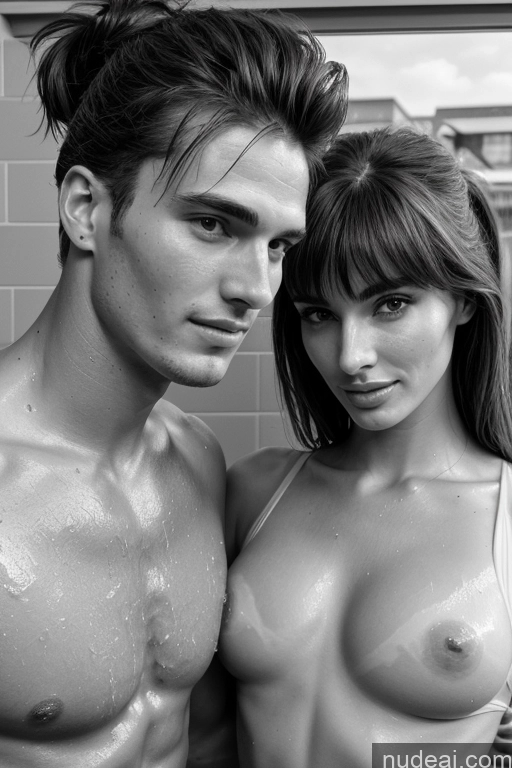 ai nude image of arafed man and woman posing in a bathroom with a shower pics of Detailed 3d Skin Detail (beta) 18 Beautiful Athlete Model Skinny Sorority Nude Pubic Hair Tall Shower Bathing Bangs Ponytail Seductive Orgasm Woman + Man Several