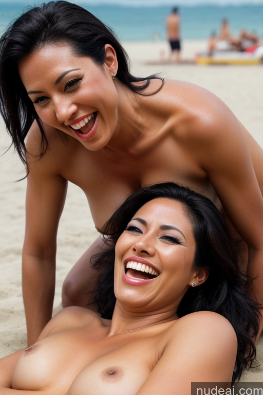 ai nude image of there are two women that are laying on the beach together pics of Woman Two Small Tits Small Ass Pubic Hair Fairer Skin Dark Skin Black Hair Laughing 40s Straight Beach Nude Beach Volleyball Vietnamese 30s