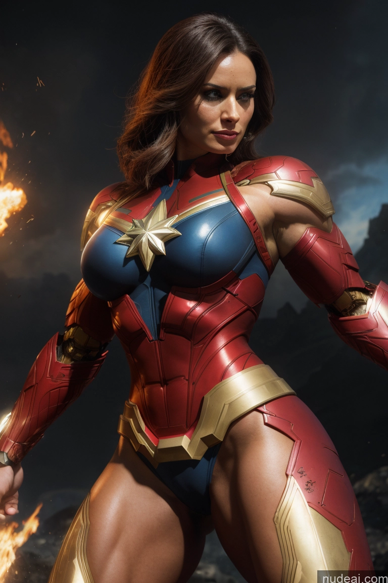 ai nude image of araffe woman in a costume with a sword and fire pics of Superhero Cosplay Captain Marvel Power Rangers Woman Bodybuilder Busty Abs Front View SuperMecha: A-Mecha Musume A素体机娘 Science Fiction Style Battlefield