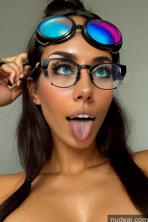 ai nude image of araffe woman with glasses and a top knot sticking out her tongue pics of Black Hair Ahegao 18 Dark Skin Oiled Body Long Legs Short Small Tits Beautiful Small Ass Glasses Skinny One Pigtails Asian Latina Black Mirror Selfie Nude 90s Transparent Topless