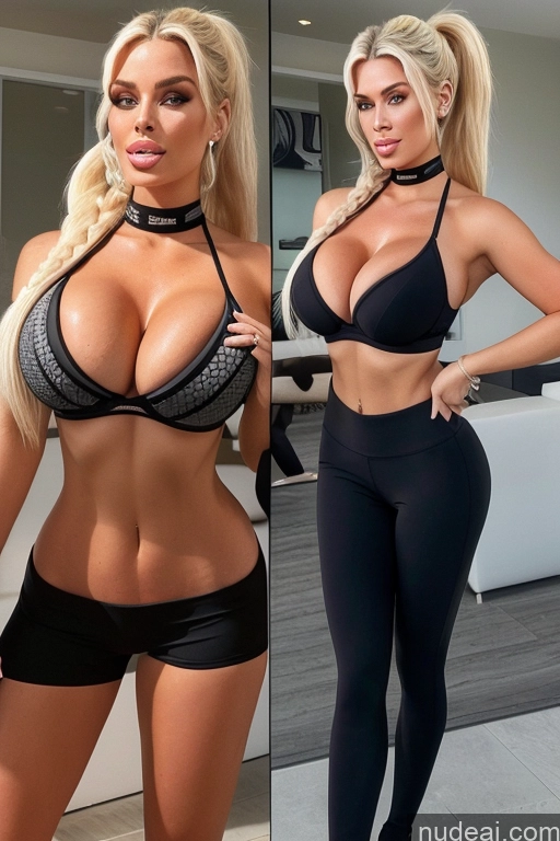 ai nude image of arafed woman in a black bra top and black pants posing for a picture pics of Huge Boobs Busty Yoga Pants Push-up Bra Two 20s Ponytail Seductive Swedish Blonde Several Bimbo Miss Universe Model