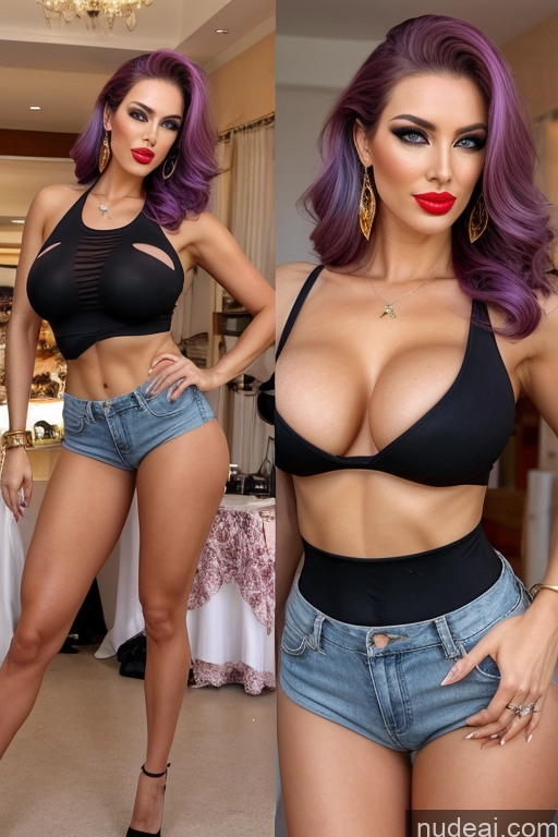 ai nude image of araffed woman with purple hair and a black top posing in a room pics of Woman Several Busty Huge Boobs Beautiful Big Ass Lipstick Long Legs 30s Pouting Lips Blonde Brunette Ginger Purple Hair Pink Hair Spreading Legs Bending Over Nude Cleavage Topless Gold Jewelry