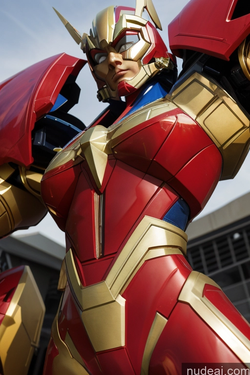 ai nude image of araffed statue of a man in a red suit with a sword pics of Superhero Captain Marvel SuperMecha: A-Mecha Musume A素体机娘 Woman Busty Abs Front View Bodybuilder Blonde Skin Detail (beta)