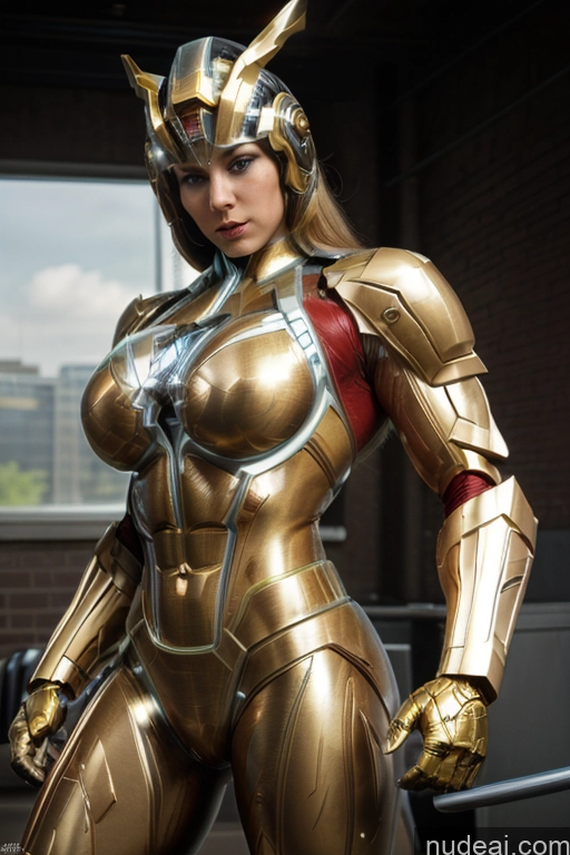 ai nude image of araffed woman in a gold suit posing for a picture pics of Superhero Captain Marvel SuperMecha: A-Mecha Musume A素体机娘 Woman Busty Abs Front View Bodybuilder Blonde Muscular Has Wings Neon Lights Clothes: Blue