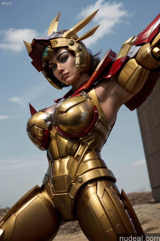 ai nude image of araffed woman in a gold armor poses for a picture pics of Superhero Captain Marvel SuperMecha: A-Mecha Musume A素体机娘 Woman Busty Abs Front View Bodybuilder Muscular Has Wings Angel