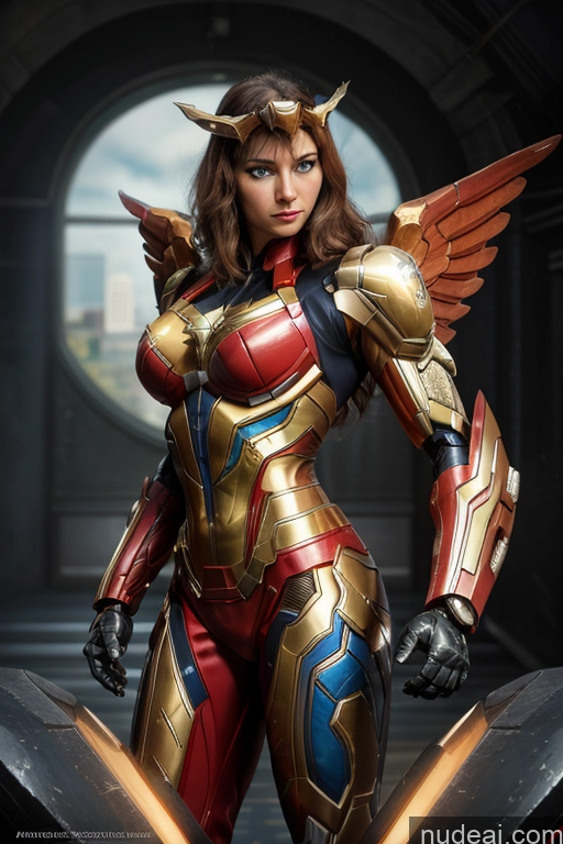 ai nude image of araffe woman in a costume with wings and armor pics of Superhero Captain Marvel SuperMecha: A-Mecha Musume A素体机娘 Woman Busty Abs Front View Bodybuilder Muscular Has Wings Angel