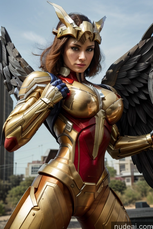 ai nude image of araffed woman in a gold and red costume with wings pics of Superhero Captain Marvel SuperMecha: A-Mecha Musume A素体机娘 Woman Busty Abs Front View Bodybuilder Muscular Has Wings Angel