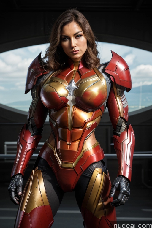 ai nude image of araffe woman in a red and gold suit posing for a picture pics of Superhero Captain Marvel SuperMecha: A-Mecha Musume A素体机娘 Woman Busty Abs Front View Bodybuilder Muscular Has Wings Angel