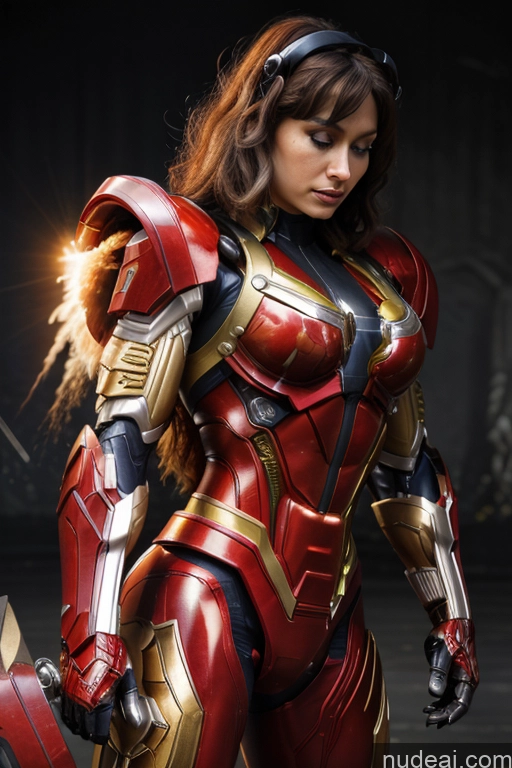 ai nude image of araffe woman in a red and gold costume holding a sword pics of Superhero Captain Marvel SuperMecha: A-Mecha Musume A素体机娘 Woman Busty Abs Front View Bodybuilder Muscular Has Wings Angel