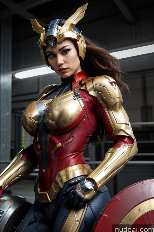 ai nude image of araffe woman in a costume sitting on a shield with a sword pics of Superhero Captain Marvel SuperMecha: A-Mecha Musume A素体机娘 Woman Busty Abs Front View Bodybuilder Muscular Has Wings Angel