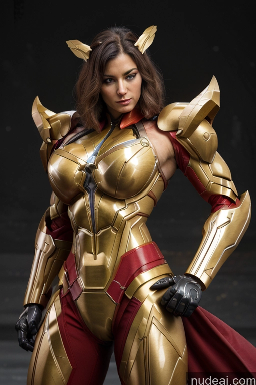 ai nude image of araffe woman in a gold and red costume posing for a picture pics of Superhero Captain Marvel SuperMecha: A-Mecha Musume A素体机娘 Woman Busty Abs Front View Bodybuilder Muscular Has Wings Angel