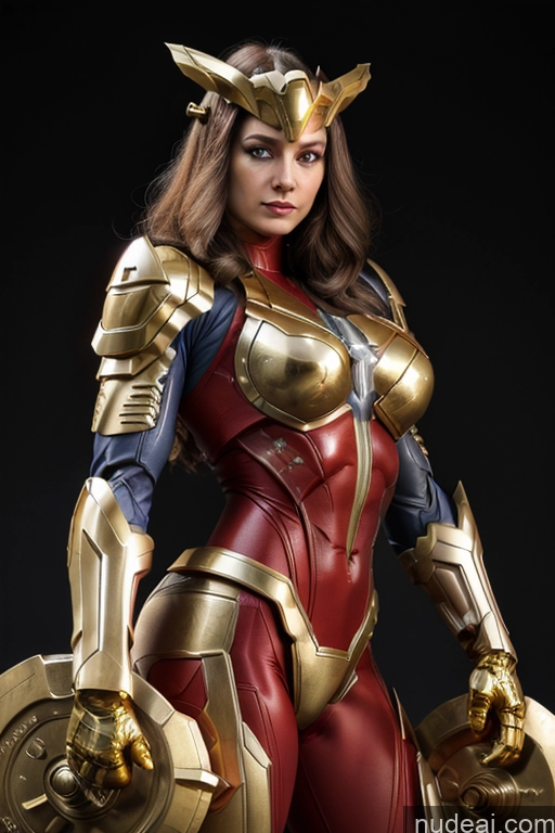 ai nude image of a close up of a woman in a costume holding a shield pics of Superhero Captain Marvel SuperMecha: A-Mecha Musume A素体机娘 Woman Busty Abs Front View Bodybuilder Muscular Has Wings Angel Blonde