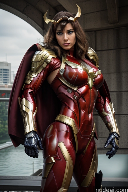 ai nude image of araffe woman in a red and gold costume posing for a picture pics of Superhero Captain Marvel SuperMecha: A-Mecha Musume A素体机娘 Woman Busty Abs Front View Bodybuilder Muscular Has Wings Angel