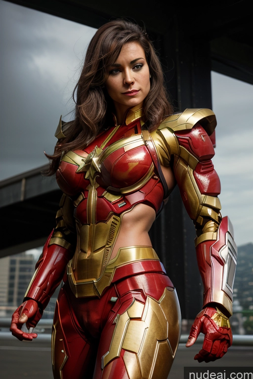 ai nude image of araffe woman in a red and gold costume posing for a picture pics of Superhero Captain Marvel SuperMecha: A-Mecha Musume A素体机娘 Woman Busty Abs Front View Bodybuilder Muscular Has Wings Angel