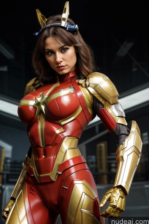 ai nude image of araffe woman in a red and gold costume posing for a picture pics of Superhero Captain Marvel SuperMecha: A-Mecha Musume A素体机娘 Woman Busty Abs Front View Bodybuilder Muscular Has Wings Angel