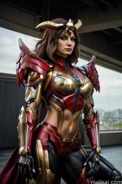 ai nude image of araffe woman in armor with horns and armor on her chest pics of Superhero Captain Marvel SuperMecha: A-Mecha Musume A素体机娘 Woman Busty Abs Front View Bodybuilder Muscular Has Wings Angel Succubus