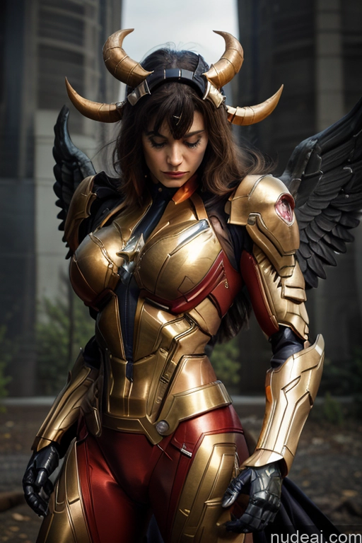 ai nude image of araffe dressed in armor and wings poses for a picture pics of Superhero Captain Marvel SuperMecha: A-Mecha Musume A素体机娘 Woman Busty Abs Front View Bodybuilder Muscular Has Wings Angel Succubus