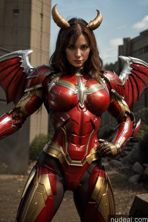 ai nude image of araffe woman in a red and gold costume with horns pics of Superhero Captain Marvel SuperMecha: A-Mecha Musume A素体机娘 Woman Busty Abs Front View Bodybuilder Muscular Has Wings Angel Succubus