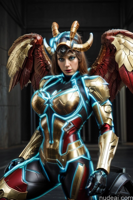 ai nude image of araffed woman in a costume with wings and armor pics of Superhero Captain Marvel SuperMecha: A-Mecha Musume A素体机娘 Woman Busty Abs Front View Bodybuilder Muscular Has Wings Angel Succubus Neon Lights Clothes: Blue