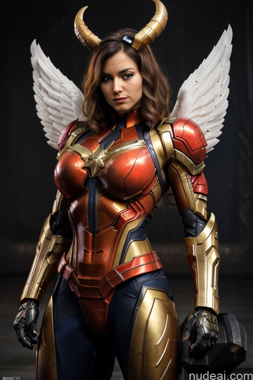 ai nude image of araffe woman in a costume with wings and horns pics of Superhero Captain Marvel SuperMecha: A-Mecha Musume A素体机娘 Woman Busty Abs Front View Bodybuilder Muscular Has Wings Angel Succubus