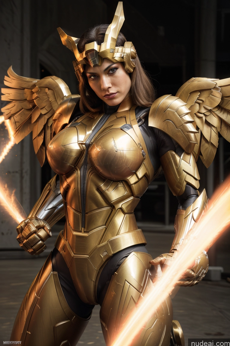 ai nude image of araffe woman in a golden armor with wings and a sword pics of Superhero Captain Marvel SuperMecha: A-Mecha Musume A素体机娘 Woman Busty Abs Front View Bodybuilder Muscular Has Wings Angel