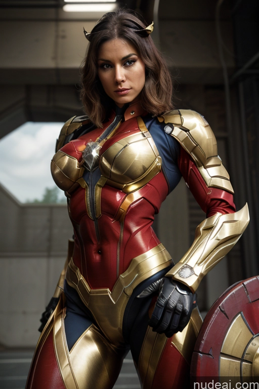 ai nude image of araffe woman in a costume with a shield and armor pics of Superhero Captain Marvel SuperMecha: A-Mecha Musume A素体机娘 Woman Busty Abs Front View Bodybuilder Muscular Has Wings Angel