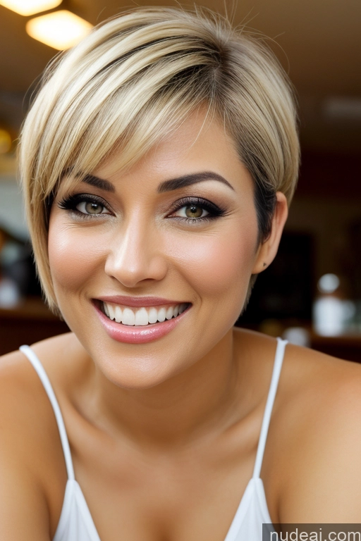 ai nude image of blond woman with short hair smiling at camera in restaurant pics of One Small Tits Small Ass Short Hair Pubic Hair Fairer Skin Dark Skin Black Hair Straight Bar Beach Cafe Pool Restaurant Yacht Bending Over Nude Indian Indonesian Sexy Face 40s Happy Woman