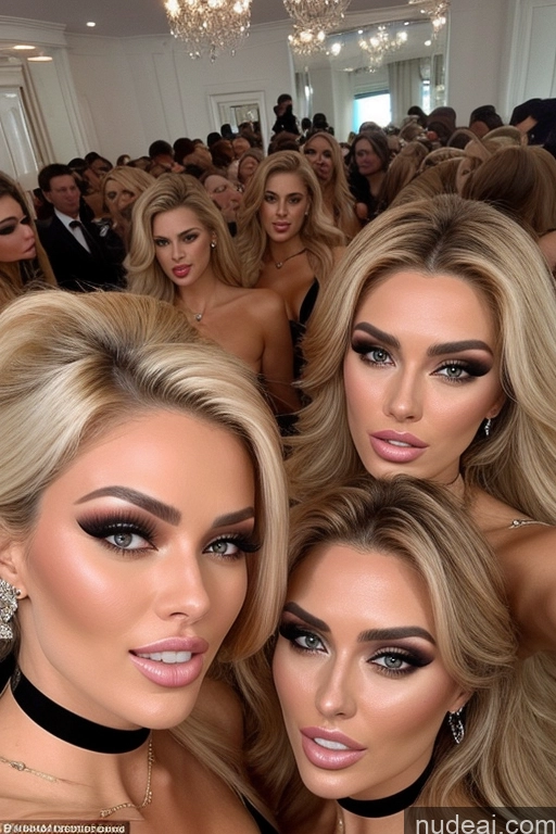 ai nude image of a group of women posing for a picture in a room full of people pics of Miss Universe Model Huge Boobs 20s Two Several Party Mirror Selfie Shocked Close-up View Blonde Choker Topless