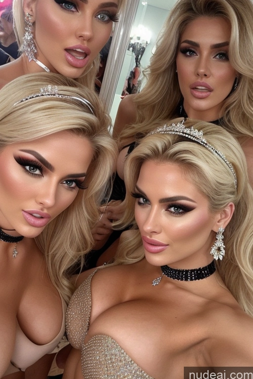 ai nude image of three women in a mirror with one wearing a tiable and the other wearing a choke pics of Miss Universe Model Huge Boobs 20s Two Several Party Mirror Selfie Shocked Close-up View Blonde Choker Topless