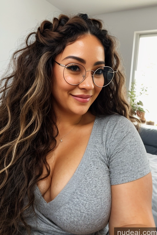 ai nude image of there is a woman with glasses sitting on a bed pics of Milf One Glasses Chubby Curly Hair 30s Happy Seductive Black Hair Soft + Warm Bedroom Partially Nude Front View Pubic Hair Long Hair Busty Nude Asian Close-up View Cumshot Messy Simple Sunglasses Mirror Selfie Topless