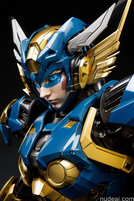 ai nude image of a close up of a blue and gold robot with wings pics of SSS: A-Mecha Musume A素体机娘 SuperMecha: A-Mecha Musume A素体机娘 Gold Jewelry Deep Blue Eyes Rainbow Haired Girl