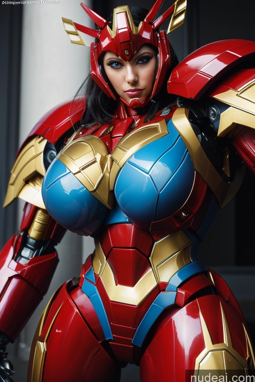 ai nude image of a close up of a woman in a red and gold costume pics of Superhero Cosplay Satin Busty Muscular Front View SuperMecha: A-Mecha Musume A素体机娘