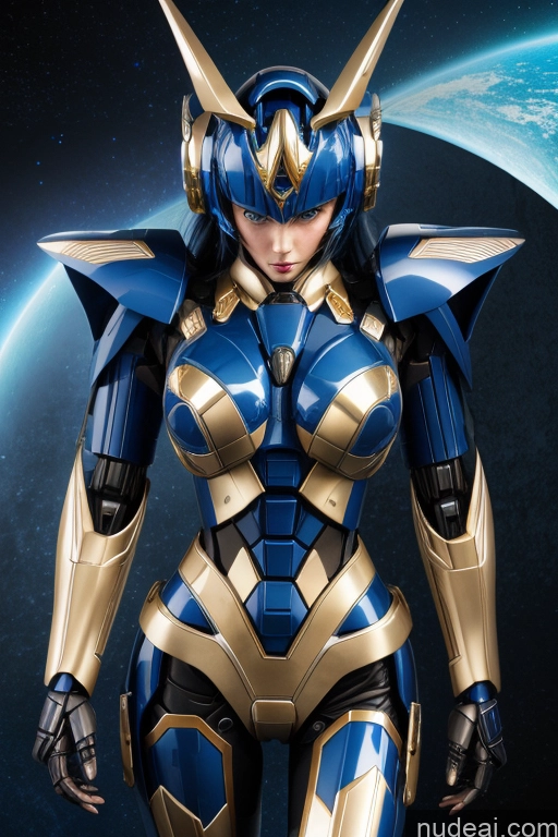 ai nude image of araffes is a female robot with a blue and gold costume pics of SuperMecha: A-Mecha Musume A素体机娘 Gold Jewelry Deep Blue Eyes Rainbow Haired Girl