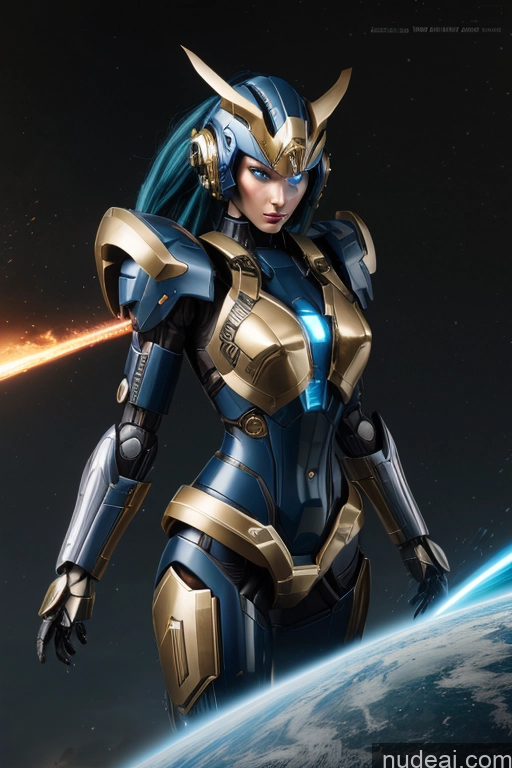 ai nude image of arafed female in a futuristic suit with a glowing halo pics of SuperMecha: A-Mecha Musume A素体机娘 Gold Jewelry Deep Blue Eyes Rainbow Haired Girl Battlefield