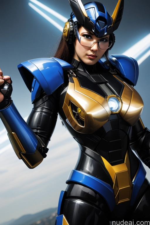 ai nude image of araffe woman in a blue and gold costume holding a sword pics of Superhero Busty Muscular Front View Science Fiction Style Cosplay Spandex Serious SuperMecha: A-Mecha Musume A素体机娘