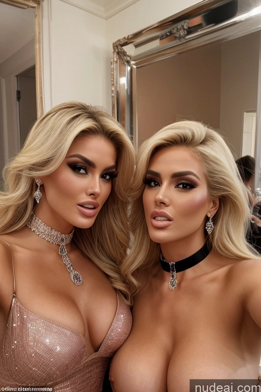 ai nude image of two women in a room with a mirror and a mirror pics of Miss Universe Model Huge Boobs 20s Two Several Party Mirror Selfie Blonde Shocked Close-up View T-pose Choker Topless