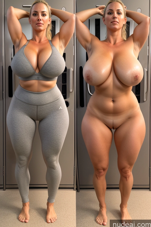 ai nude image of arafed woman with huge breast standing in front of lockers pics of Huge Boobs Perfect Boobs Small Ass 30s 40s Italian Blonde Onoff Ponytail Athlete Yoga Pants Sports Bra Locker Room Gym T-pose Mirror Selfie Close-up View