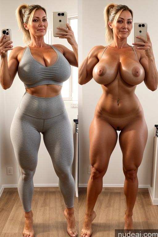 ai nude image of arafed woman taking a selfie of herself in a mirror pics of Huge Boobs Perfect Boobs Small Ass 30s 40s Italian Blonde Onoff Ponytail Yoga Pants Sports Bra Gym Mirror Selfie Bending Over Shower Oiled Body Milf Front View