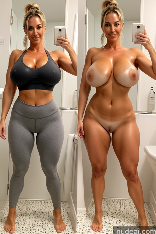 ai nude image of there are two women in the bathroom taking a selfie pics of Huge Boobs Perfect Boobs Small Ass 30s 40s Italian Blonde Onoff Ponytail Yoga Pants Sports Bra Mirror Selfie Bending Over Oiled Body Milf Front View Bathroom