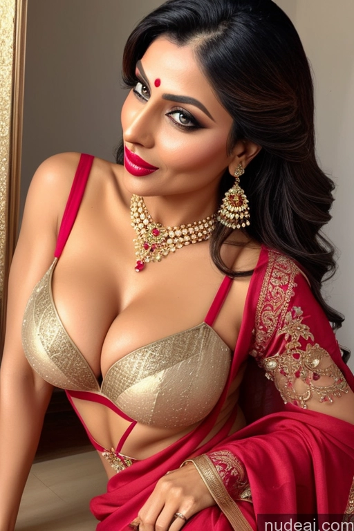 ai nude image of a close up of a woman in a red and gold sari pics of Woman Two Busty Huge Boobs Beautiful Lipstick Big Ass Perfect Body 40s Seductive Indian Bedroom Sari Salwar Gold Jewelry Jewelry Pearl Jewelry Detailed