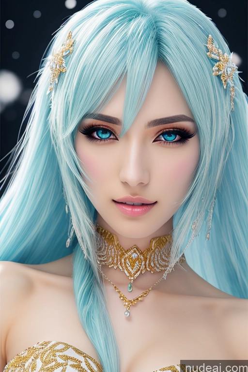 ai nude image of a close up of a woman with blue hair wearing a gold dress pics of Elemental Series - Ice Snow Diamond Jewelry Gold Jewelry Pearl Jewelry Transparent Hatsune Miku