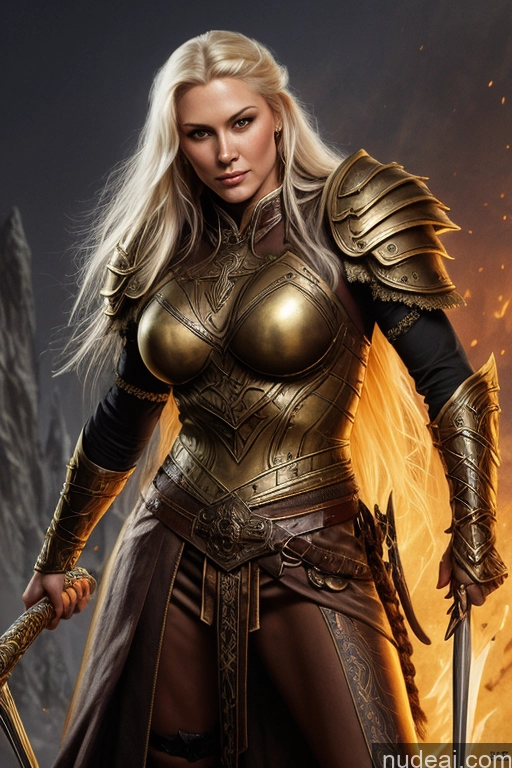 ai nude image of blond woman in armor with sword and armor on a mountain pics of Dark Lighting Gold Jewelry Viking Traditional Steampunk Medieval Leather Fantasy Armor Blonde White Hair Braided Scandinavian Dark_Fantasy_Style Dark Fantasy Meadow Mountains Straddling Busty Muscular Russian Art By Boris Vallejo Boris Vallejo Art Style Fantasy Style Jeff Easley Goth Paladin Fashion Two Sorority