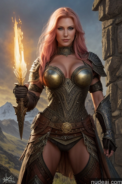 ai nude image of arafed woman in armor holding a sword and a fire pics of Dark Lighting Gold Jewelry Viking Traditional Steampunk Medieval Leather Fantasy Armor Braided Scandinavian Dark_Fantasy_Style Dark Fantasy Meadow Mountains Straddling Busty Muscular Russian Art By Boris Vallejo Boris Vallejo Art Style Fantasy Style Jeff Easley Goth Paladin Fashion Two Sorority Ginger Pink Hair