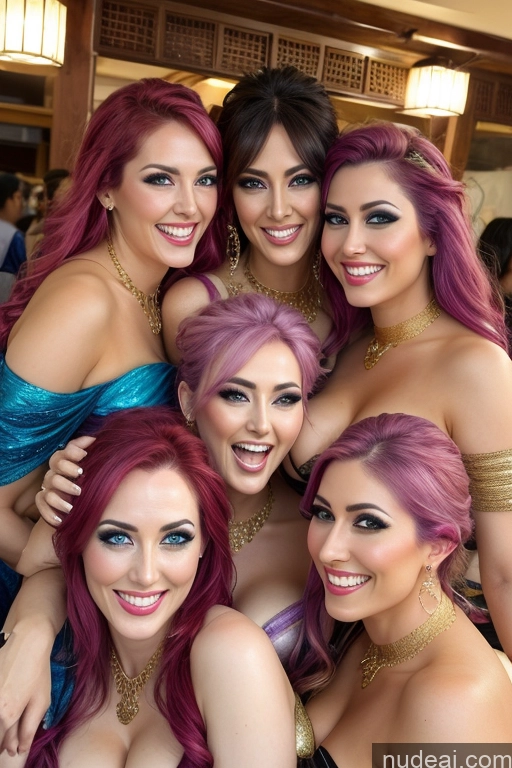 ai nude image of several women with pink hair posing for a picture in a restaurant pics of Several Happy Straddling Busty Rainbow Haired Girl Angel Diamond Jewelry Gold Jewelry Onsen