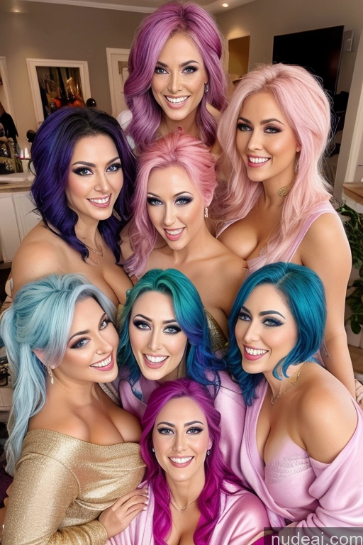 ai nude image of a close up of a group of women with colorful hair posing for a picture pics of Several Happy Straddling Busty Rainbow Haired Girl Angel Diamond Jewelry Gold Jewelry Bathrobe