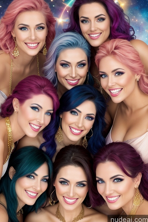 ai nude image of a close up of a group of women with different colored hair pics of Several Happy Busty Rainbow Haired Girl Gold Jewelry Diamond Jewelry Transparent Space Suit