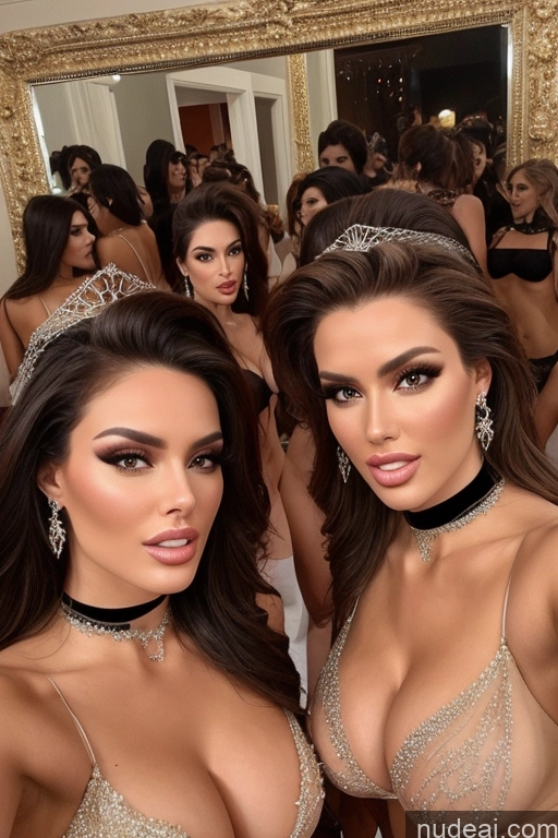 ai nude image of two women in lingersuits posing for a picture in front of a mirror pics of Miss Universe Model Huge Boobs 20s Two Several Party Mirror Selfie Shocked Close-up View Detailed Choker Nude