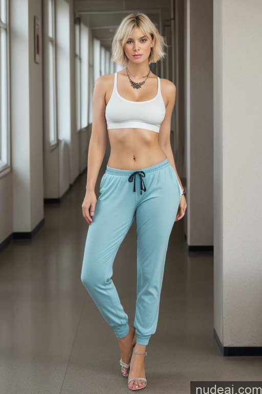 ai nude image of arafed woman in a white top and blue pants posing for a picture pics of One Sorority Small Tits Small Ass Short Skinny Short Hair 18 Messy German Latina Choker Bangs Scandinavian Blonde Model Tank Top School Hallway Transparent Harem Pants